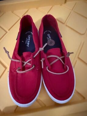 Sperry Red Canvas Deck Shoes with Beige Laces